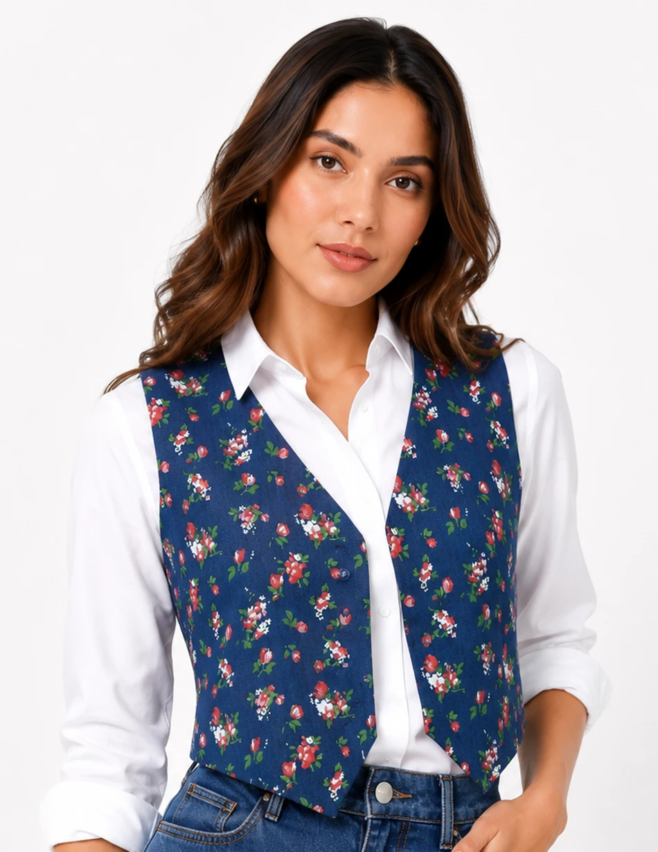 Elerra Street Vogue Indigo Floral Denim Couture Top